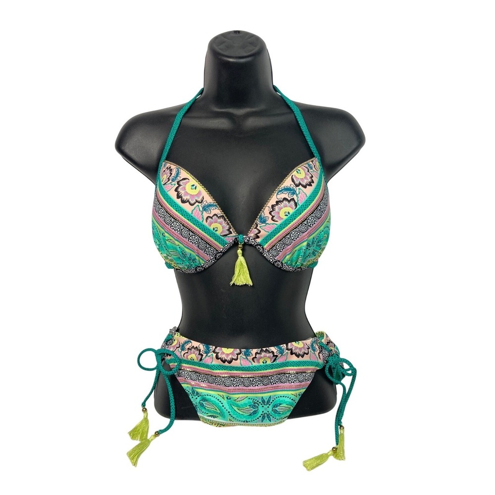 Shade & Shore Bikini Set Boho Print Tassel Tie Sides XL Bottom 36C Top EUC - Picture 2 of 12